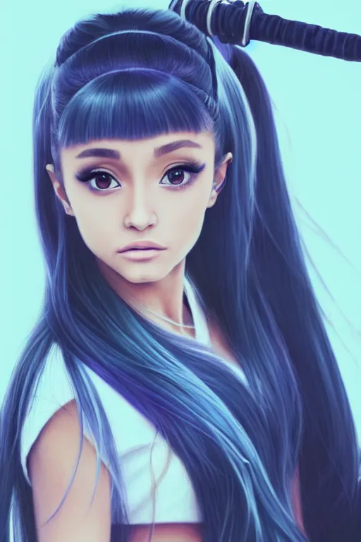 Image similar to highly detailed beautiful photo of blend of ariana grande and madison beer, as a young female samurai, practising sword stances, symmetrical face, beautiful eyes, cobalt blue hair, realistic anime art style, 8 k, award winning photo, pastels colours, action photography, 1 / 1 2 5 shutter speed, sunrise lighting