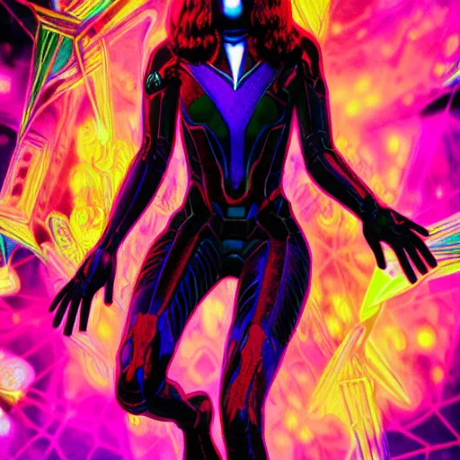 Image similar to long Shot of psychedelic Black widow standing in mysterious chromatic astral temple , beautiful, dmt, omnious, soft, hypermaximalistic, high details, cinematic, 8k resolution, artwork by Wong, Liam