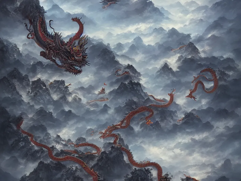 Prompt: a chinese dragon flies among the clouds over a mountain. below a shinto gate tops a stone stairway. by peter mohrbacher and dan mumford and nekro, cgsociety, volumetric light, 3 d render