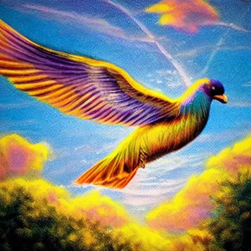 Prompt: Majestic Bird in flight multicolor Grace Beauty Power Gold Diamonds sun clouds trees iridescent