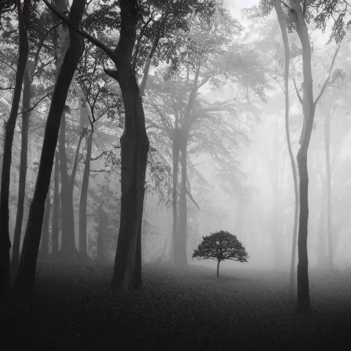 Image similar to deep misty forest with big black horned demon behind the tree, monochrome lomography