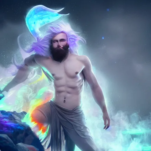 Prompt: 🧙🏻♂ with rainbow beard riding a white 🐉, 🪨💧🔥, cinematic, cgsociety, artstation, 4 k, dynamic light