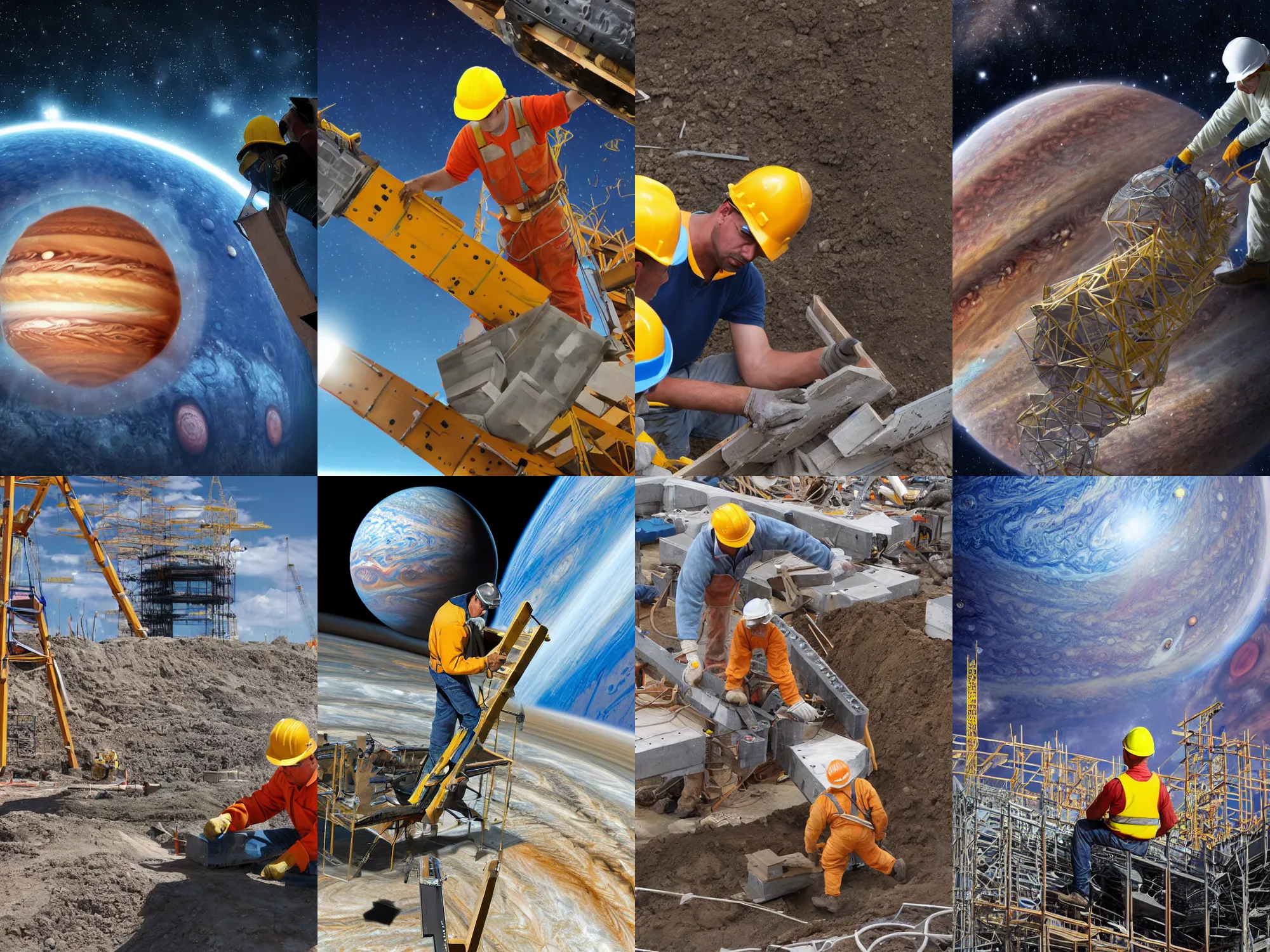 Prompt: Construction worker building the planet Jupiter in space