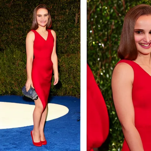 Prompt: photo of natalie portman wearing a seductive red dress.