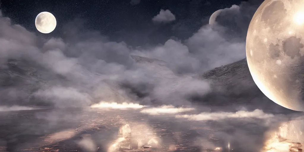 Image similar to Moon being vaporized, realistic 4k octane beautifully detailed render, 4k post-processing, highly detailed, intricate complexity, epic composition, magical atmosphere, cinematic lighting, masterpiece, ultra hd