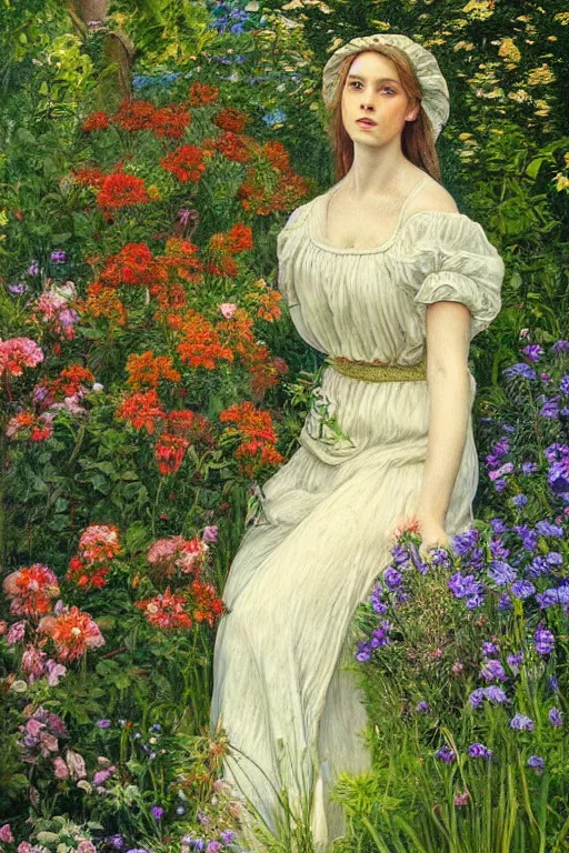 Image similar to beautiful painting of a woman in garden, in the style of the pre - raphaelites, sharp focus, global illumination, highly detailed, masterpiece, award winning, post processing