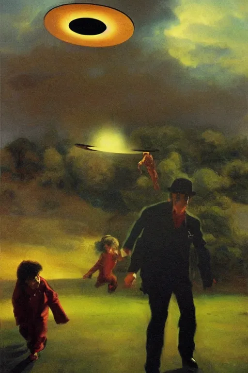 Image similar to flying saucer ufo abducting michael jackson from a playground masterpiece, dramatic light and shadow, saturated colors, ciaroscuro. painted by anders zorn