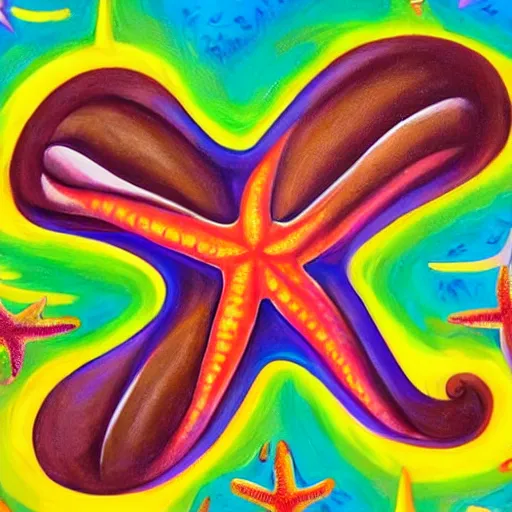 Prompt: a painting of a giant brown starfish with the words c and starfish in big letters. children in a school band playing nearby. art by lisa frank