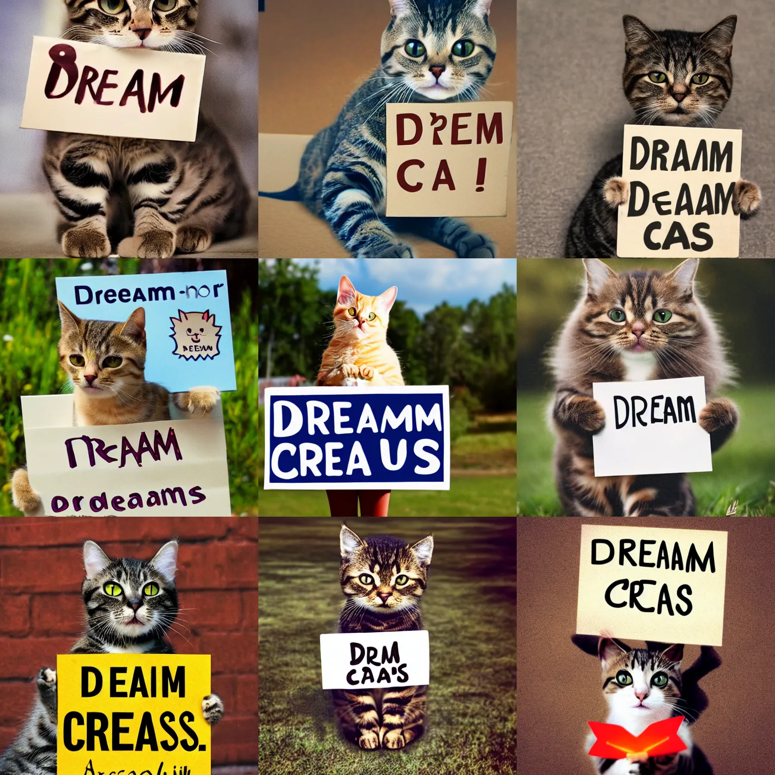 Image similar to realistic high quality photo of a cute cat holding a sign with text that reads : dream cats