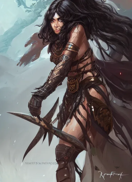 Prompt: beautiful warrior lady, black long hair, practical armor, brown skin, demonic eyes, low fantasy, extremely detailed, sharp focus, smooth, digital illustration, by rossdraws, frank franzzeta, sakimichan