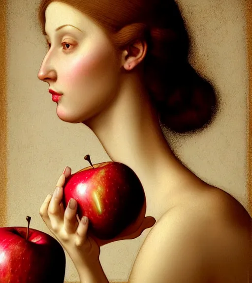 Image similar to portrait of a woman with an apple sitting upon a table with heightened detail, poised, intense emotion, detailed facial expression, detailed surroundings, intricate, elegant, highly detailed, centered, digital painting, artstation, concept art, smooth, sharp focus, illustration, by ( leonardo da vinci ), wlop