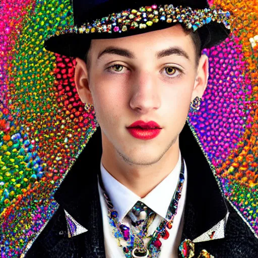 Prompt: a very handsome jewelpunk young man. A Jewelpunk society would be one of gleaming perfection, where every surface is adorned with sparkling gems and jewelry. The skies would be a rainbow of colors, as light reflecting off of the endless gems creates a spectrum of hues. The people would be impeccably dressed, with each outfit adorned with jewels that match their personality and status. Even the weapons and other tools would be made out of precious metals and gems, adding to the overall air of opulence. Men are sexualized more than women. Men must be perfectly masculine and often do not wear shirts.