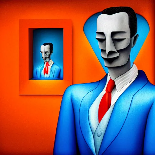 Image similar to ultra realistic portrait ofa man in suit in a studio, ultra detailed, under blue, red and yellow cinematic lighting, salvador dali, cartoon, monument valley, escher