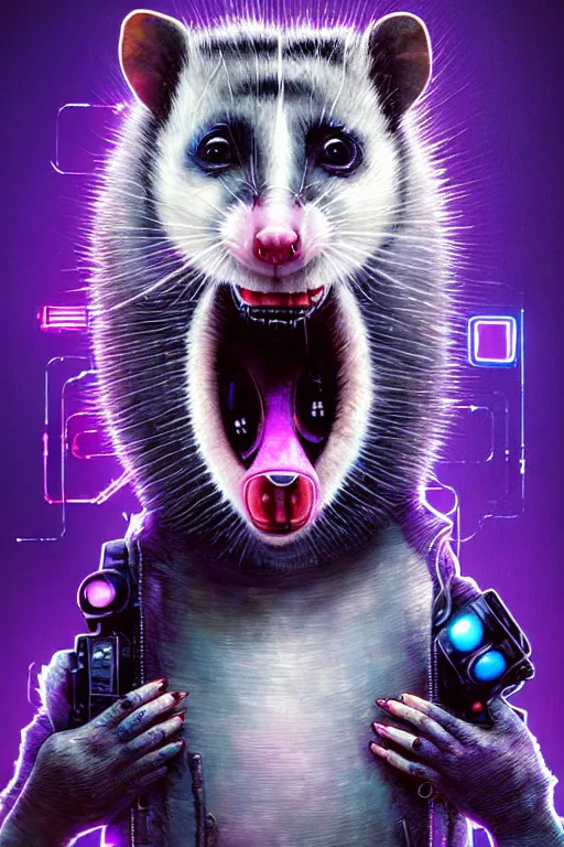 Image similar to a beautiful portrait of a cute cyberpunk opossum screaming by sandra chevrier and greg rutkowski and wlop, purple blue color scheme, high key lighting, volumetric light, digital art, highly detailed, fine detail, intricate, ornate, complex, octane render, unreal engine, photorealistic