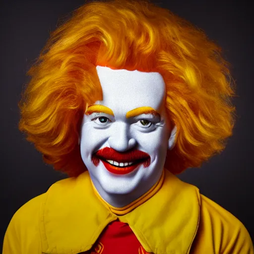 Image similar to extremely detailed studio portrait of ronald mcdonald surrended by gold, soft light, golden glow, 4 k