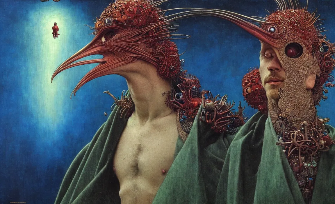 Image similar to realistic detailed portrait movie shot of a birdman wearing a dark robes, sci fi city landscape background by denis villeneuve, amano, yves tanguy, alphonse mucha, ernst haeckel, max ernst, roger dean, masterpiece, rich moody colours, dog teeth, blue eyes