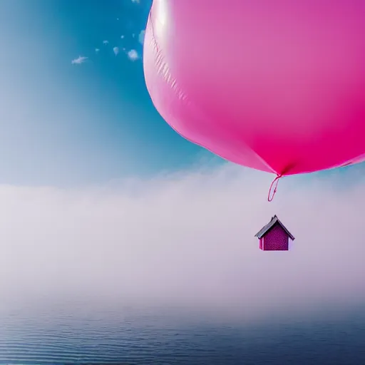 Image similar to a 5 0 mm lens photograph of a cute pink floating modern house, floating in the air between clouds, inspired by the movie up, held up from above by heart ballons. mist, playful composition canon, nikon, award winning, photo of the year