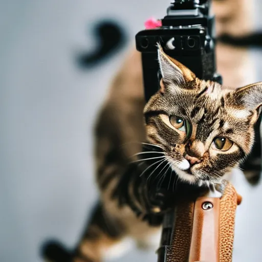 Prompt: a cat holding a gun pointed at the camera, professional photography