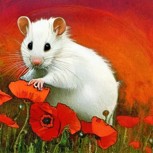 Image similar to a masterpiece painting by alfred mucha : a small white rat taking the sun in a poppy field with a red sunset in the background