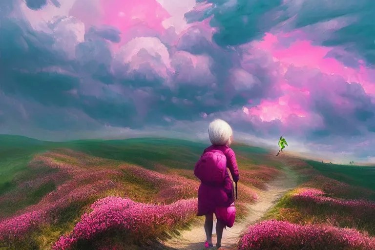 Prompt: giant dahlia flower face, girl walking on mountain, surreal photography, pink storm clouds, dramatic light, impressionist painting, digital painting, artstation, simon stalenhag