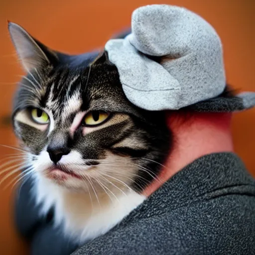 Prompt: a man wearing a cat as a hat