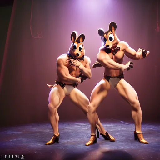 Image similar to Chip and Dale as Chippendale dancers, extremely detailed, 8k resolution, exciting stage lighting, theatrical fog