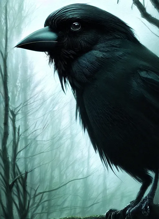 Image similar to side portrait dark crow (animal), close-up, fantasy forest landscape, moonshine, fantasy magic, nice black feather, proud, green dark light night, intricate, elegant, sharp focus, illustration, highly detailed, digital painting, concept art, matte, art by WLOP and Artgerm and Greg Rutkowski and Eddie Mendoza, masterpiece