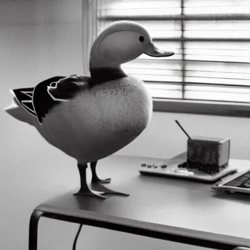 Image similar to programmer's duck sitting before computer after long night of debugging code, sad, drinking, kodak photo