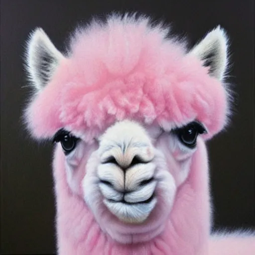 Prompt: fluffy pink alpaca, hyperrealism oil painting