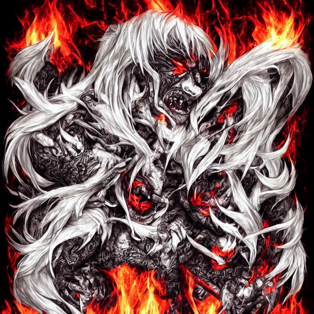 Image similar to fire demons, white hair, tattoos, black eyes, red eyes, smoke, details, high detail, fire, lots of definition, evil, dark, misery, horror style