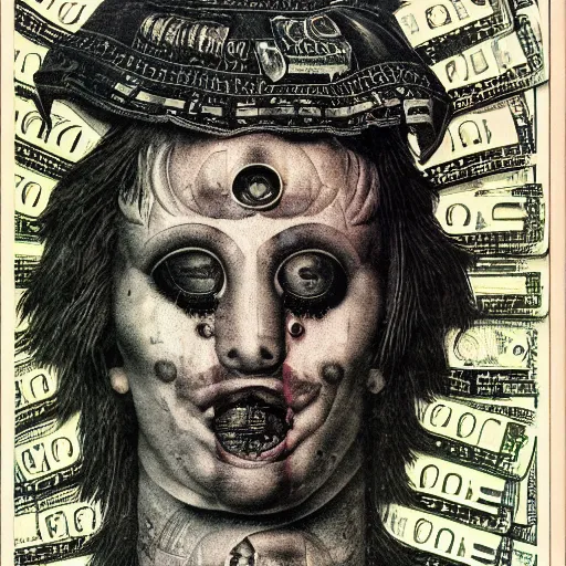 Image similar to post - punk new age album cover, asymmetrical design, dollars, bank notes, magic, apocalypse, psychedelic, black white pink, magic, giger h. r., giuseppe arcimboldo