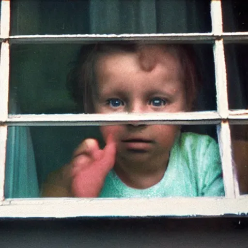 Image similar to zoomed cropped closeup of unexpected voyeuristic eye contact with neighbor in window, technicolor, telephoto lens, vintage photograph