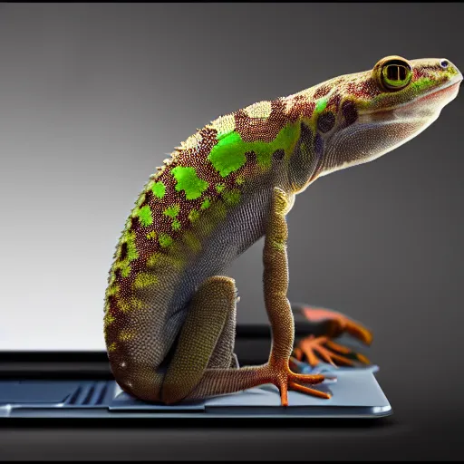 Image similar to portrait of a gecko working at a laptop, photorealistic, artstation, digital art 4k