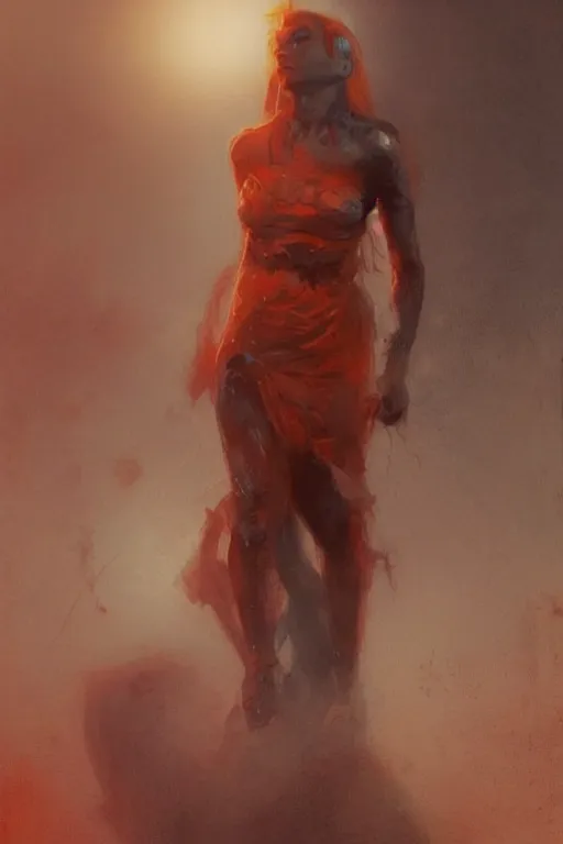 Image similar to Mars Bringer of War as a 19-year old girl figure, Martian tattoos, subject wearing a Martian pattern dress, cinematic light, volumetric shading, by Jeremy Mann and greg rutkowski, muted Martian colors, with few red-orange highlights, trending on artstation, 80 mm lens, oil on canvas