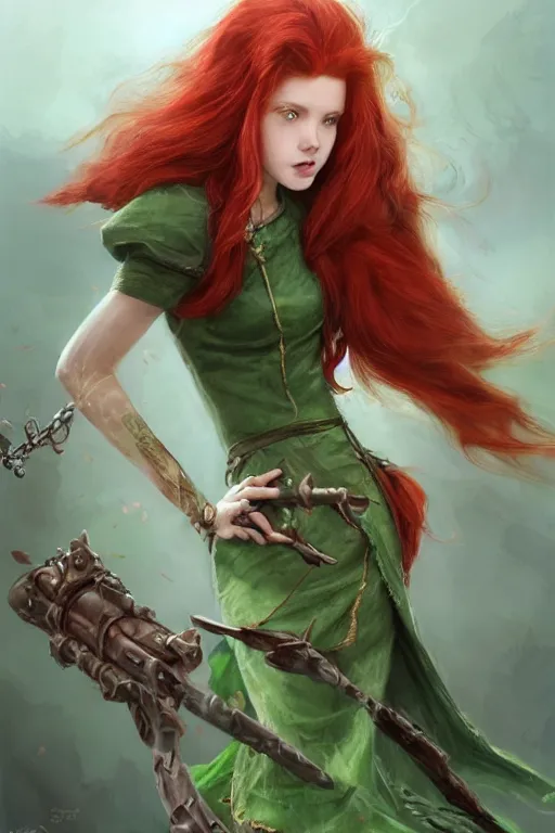 Image similar to beautiful cute red haired joyful and playful 1 9 year old maiden standing up in a green dress, long hair, rpg character, sci - fi, fantasy, intricate, elegant, digital painting, artstation, concept art, smooth, 8 k frostbite 3 engine, ultra detailed, art by artgerm and greg rutkowski and magali villeneuve
