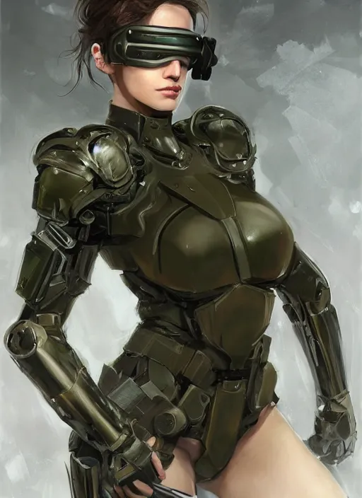 Image similar to a professional painting of a beautiful young female, clothed in stealth armor, compact nightvision goggles, olive skin, long dark hair, beautiful bone structure, symmetrical facial features, intricate, elegant, digital painting, concept art, smooth, sharp focus, illustration, from Metal Gear, by Ruan Jia and Mandy Jurgens and Artgerm and William-Adolphe Bouguerea