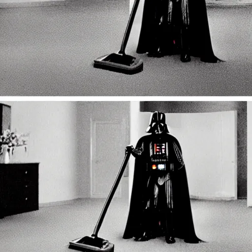 Image similar to a photo of darth vader vacuuming the carpet