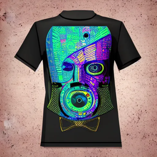 Image similar to mockup of a black tshirt with a hyperdetailed portrait of a steampunk robot on lsd, 8 k, symetrical, flourescent colors, trippy mood, multicolored,