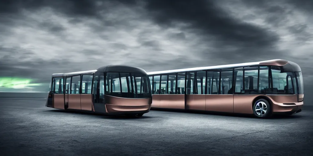 Prompt: a design of a futuristic bus, designed by Polestar and DMC, northern lights background, brushed rose gold car paint, black windows, dark show room, dramatic lighting, hyper realistic render, depth of field