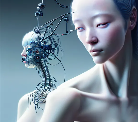 Image similar to hyperrealistic photography of a gorgeous female scientist constructing an empathy machine in the style of jin kagetsu, james jean, chris cunningham, hans bellmer and wlop, highly detailed, face symmetry, masterpiece, award - winning, sharp focus, intricate concept art, ambient lighting, 8 k, artstation