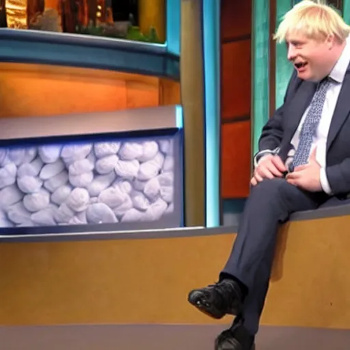 Prompt: Boris Johnson pitching the idea of bread on shark tank