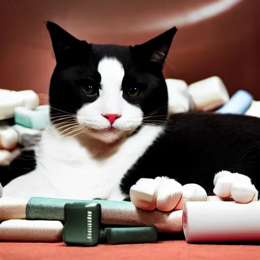 Image similar to A tuxedo cat lying on top of a pile of narcotics seized by the authorities