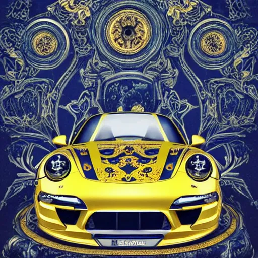 Image similar to black blue yellow porsche 9 1 1, complicated gold and blue flowers the baroque style decoration, dark fantasy, intricate, elegant, highly detailed, digital painting, artstation, concept art, matte, 3 d 8 k octane rendered, sharp focus, illustration, octane rendered, art by artgerm