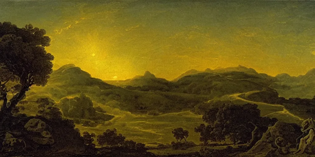 Image similar to where's wally at sunset in an exploding volcano seething, ethereal landscape, claude lorrain pastoral landscape