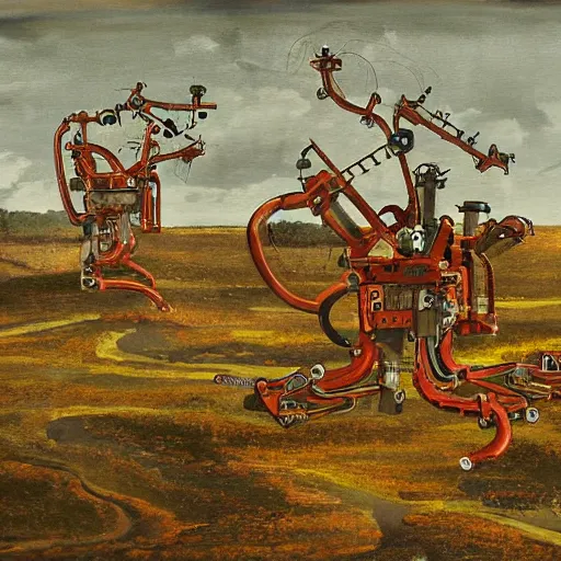 Prompt: a machine with 6 mechanical arms painting a landscape