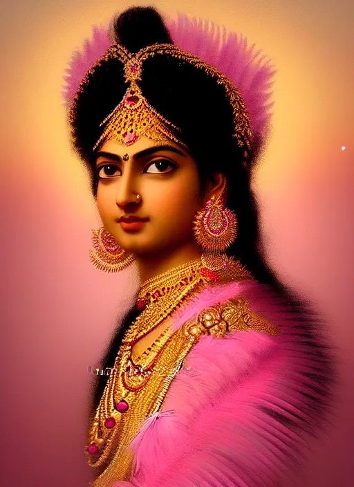 Prompt: stunning indian godess princess, detailed pink and white feathers head peace against a black backdrop by ivan aivazovsky, 3 / 4 view portrait, wlop, super sharp details, photorealism, canon 5 d, 5 0 mm lens, stunning photoshot, beautiful soft lighting, muted colours, artstation