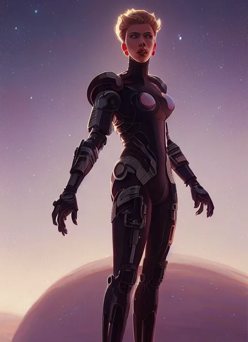 Image similar to highly detailed full body portrait of scarlett johansson in futuristic sci - fi armor, stephen bliss, unreal engine, fantasy art by greg rutkowski, loish, rhads, ferdinand knab, makoto shinkai and lois van baarle, ilya kuvshinov, rossdraws, tom bagshaw, alphonse mucha, global illumination, radiant light