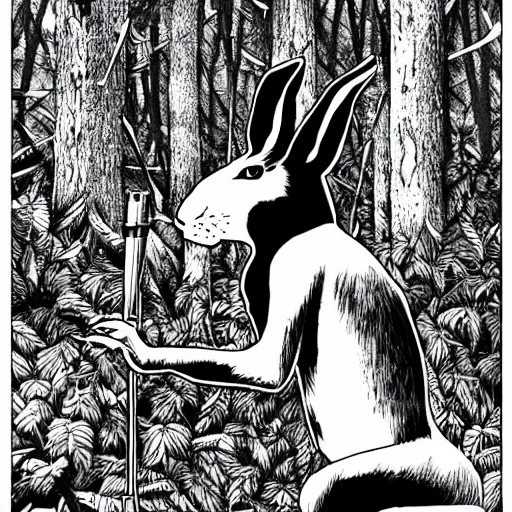 Image similar to an epic profile of a rabbit smoking a cigarette deep in the forest, striking pose, black and white illustration, creative design by junji ito