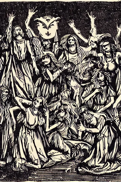 Image similar to a beautiful woodcut print of walpurgisnacht, 8 k, by vladimir zimikov