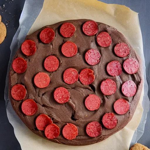 Image similar to a cookie cake that has pepperoni on it